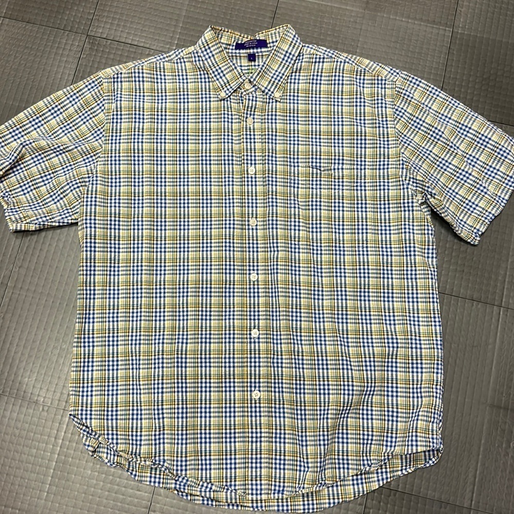 ALAN FLUSSER MENS PLAID BUTTON SHORT SLEEVE SHIRT SIZE LARGE BLUE GREEN GOLD